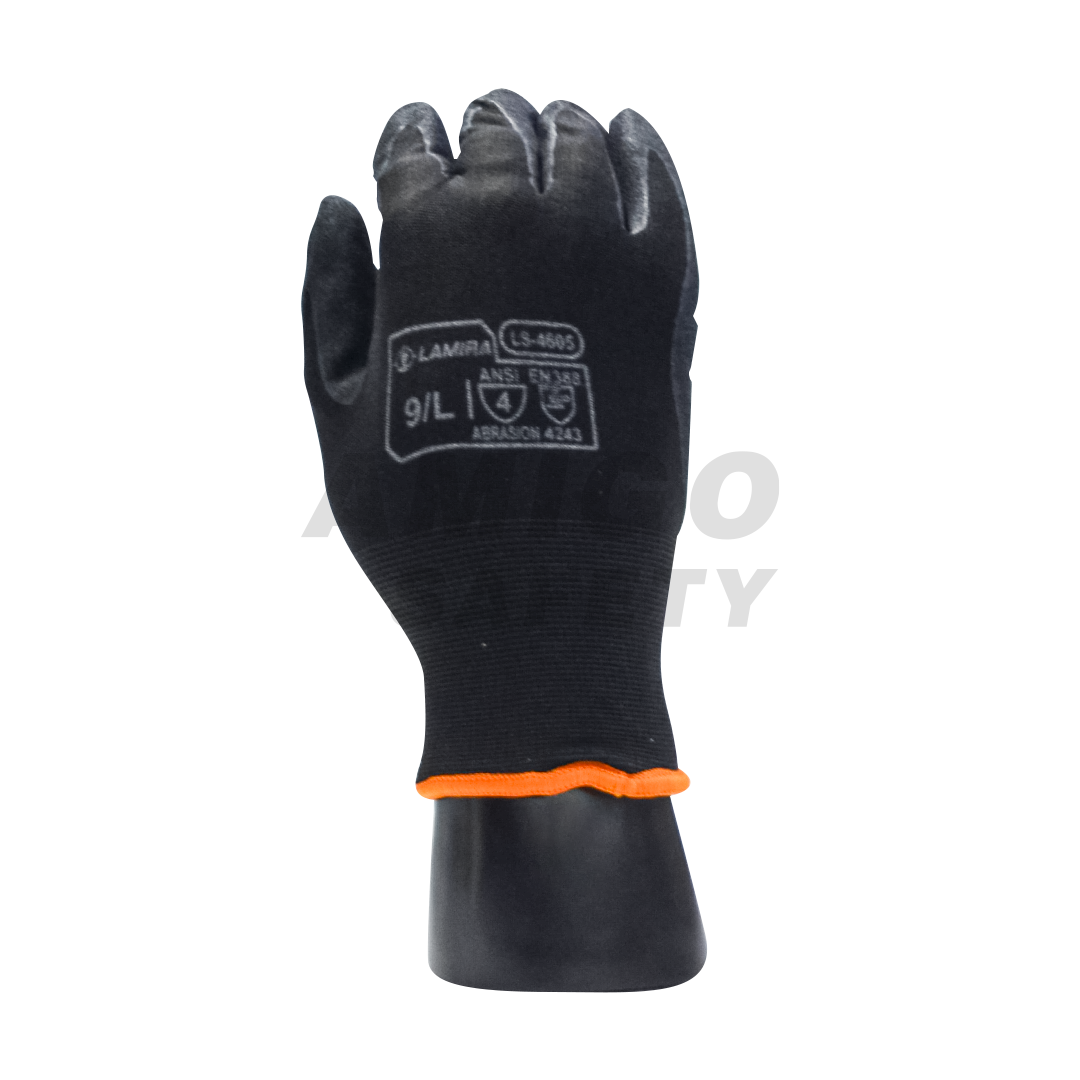 GUANTE NYLON CON ACRÍLICO TERRY DENTRO RECUBIERTO DE NITRILO ARENOSO LAMIRA (PAR) NEGRO LS-4605L LG